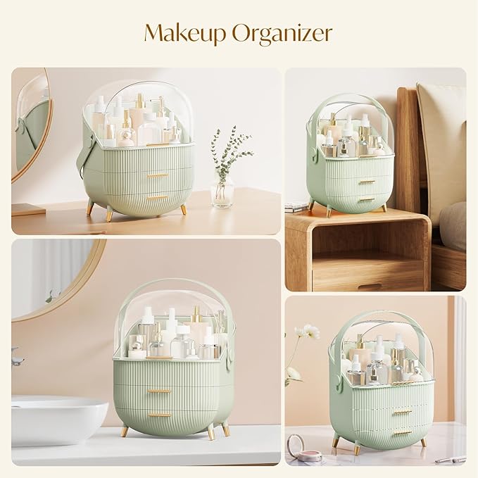 Makeup Organizers, Make Up Organizers for Vanity, Countertop Cosmetic Storage with Drawers and Transparent Cover for Bedroom Bathroom (Light Green)