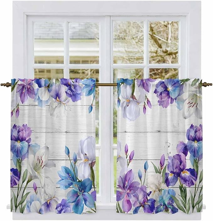 Spring Flowers Kitchen Curtains, Watercolor Garden Florals Wooden Grain Light