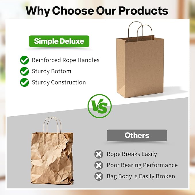 Simple Deluxe 50-Pack Kraft Paper Bags with Handles (10x5x13 Inch) - 100% Recycled Natural Brown Shopping Bags for Retail, Gifts & Merchandise - Made in USA, 90GSM Thick