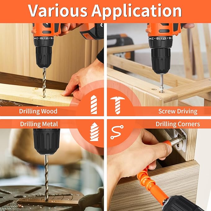 PULITUO 20V Cordless Drill/Driver, 2 Batteries Electric Screwdriver, 30Nm Power Drill Driver, 21+1 Torque, 2 Speed, 3/8"Keyless Chuck, power Drill with LED Light, Drill Driver Kit for Home (Orange)