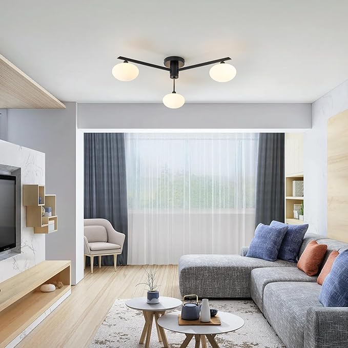 Semi Flush Mount Ceiling Light Fixture, Mid Century Modern 3-Light 22.5" Lighting Fixtures Ceiling, Matte Black Ceiling Lights for Bedroom, Entryway, Hallway, Bathroom, Kitchen, Dining Room