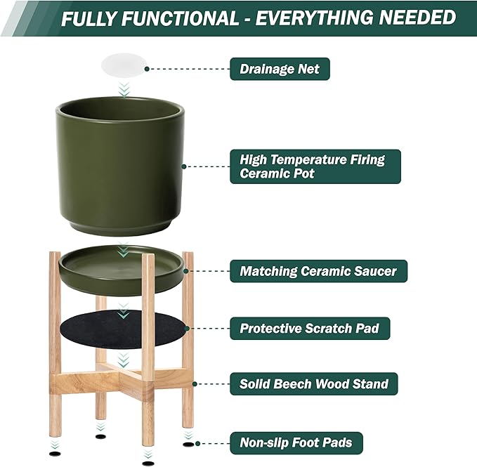 D'vine Dev Ceramic Planter with Natural Stand - 10 Inch Modern Round Flower Pot with Wood Planter Holder, Olive, 55-B-K-J
