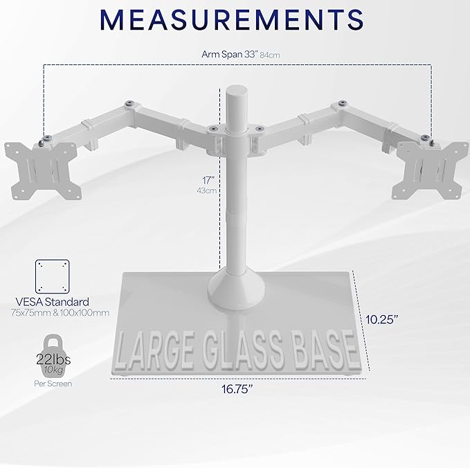 VIVO Freestanding Dual Monitor Stand with Sleek Glass Base and Adjustable Arms, Mounts 2 Screens up to 32 inch and 22 lbs Each, White, STAND-V002FGW