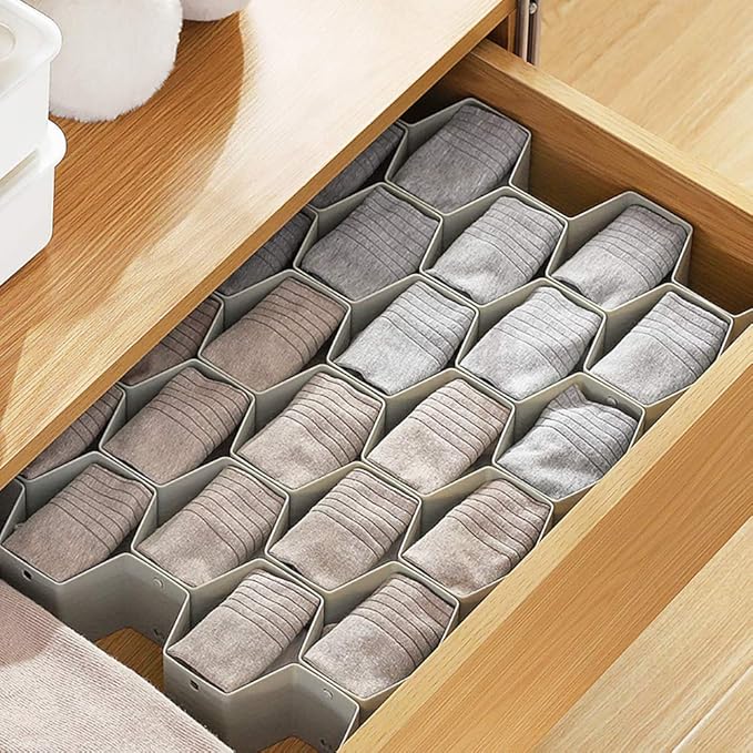 Poeland Drawer Divider Organizer Adjustable DIY Grid Honeycomb Drawer Divider for Underwear Belt Scarf Socks Gray