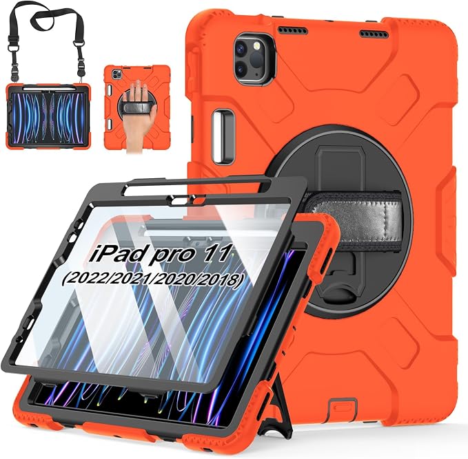 Case for iPad 9th/8th/7th Generation 10.2 Inch Black | Shockproof Protective Silicone Cover with Rotatable Stand-Screen Protector-Handle- Shoulder strap- Pencil holder