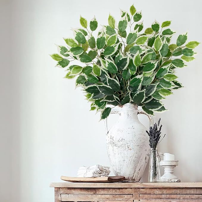 12PCS Ficus Leaves Artificial Branches 24" Faux Ficus Greenery Tree Branches Fake Ficus Leaves Sprays for Tree DIY Arch Wedding Wall Decor - Green & White