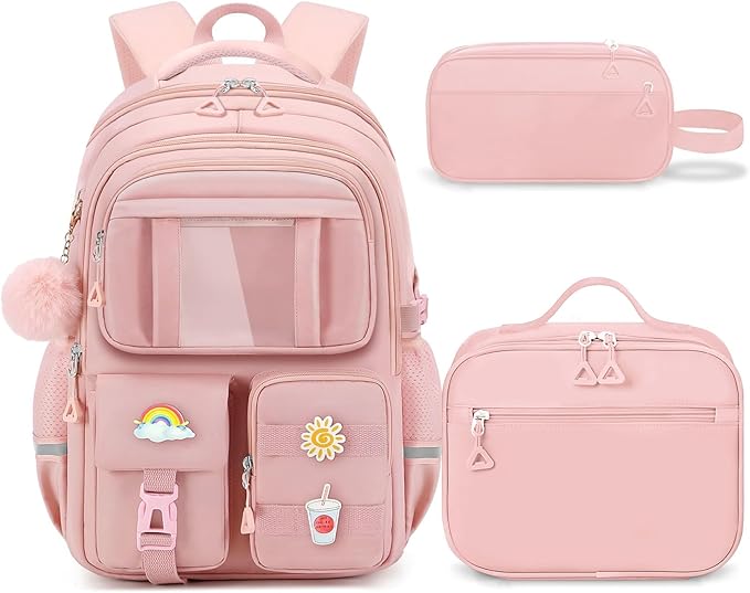 School Backpack for Girls - 5pcs Cute Girls Backpack with Lunch Box for Teens Kids Elementary Middle School - 17″ Students Bookbag Travel Back Pack for Age 6-18