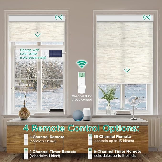 Kilonity Motorized Roller Shades, Light Filtering Remote Control Custom Window Shades Work with Alexa Google Assistant via RF Hub, Rechargeable Electric Blinds for Windows (Texture Light Coffee)