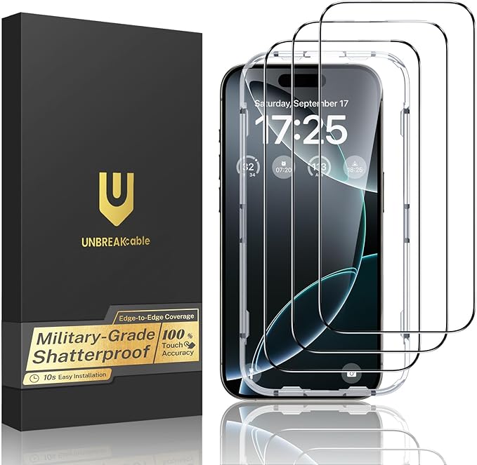 UNBREAKcable 3-Pack Screen Protector for iPhone 15 Double Shatterproof Tempered Glass [Easy Installation Frame] [99.99% HD Clear] [9H Hardness] [Full Coverage] [Case Friendly] for Apple 15 6.1 inch