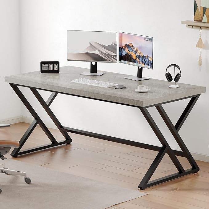 LVB Grey Computer Office Desk, Industrial Wood PC Gaming Gray Desk for Home Office, Modern Wooden Metal Study Work Bedroom Table, Farmhouse Executive Writing Desk with Storage, 55 Inch, Light Grey Oak