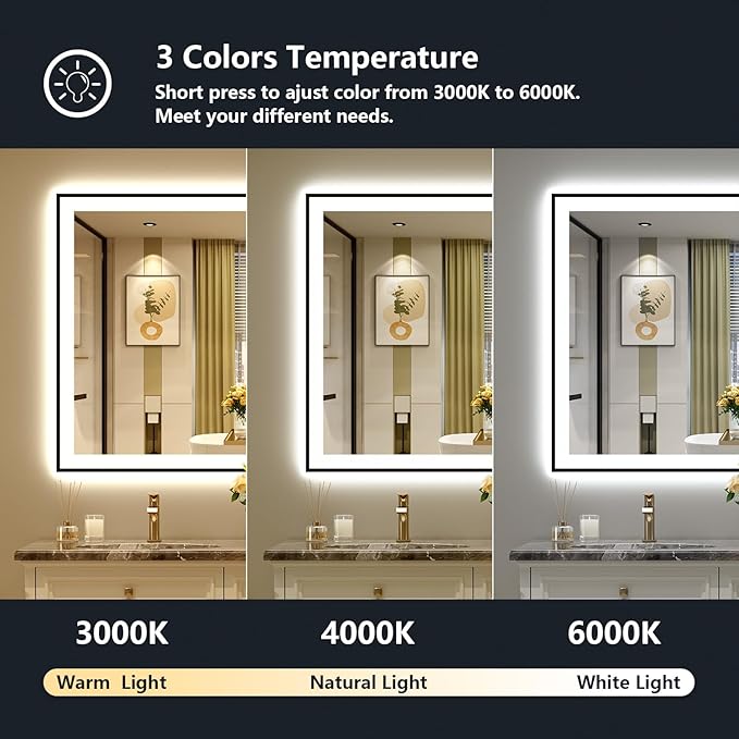 YEELAIT 48x32 Inch LED Bathroom Mirror with Lights (Front Lit and Backlit) Black Framed Lighted Vanity Mirror for Bathroom Wall Dimmable Anti-Fog Memory Tempered Glass Horizontal/Vertical