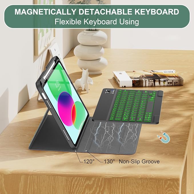 Soke for iPad (A16) 11th/10th Gen Case with Keyboard Black Marble | For iPad 11/10.9 inch(2025/2022) 7 Color Backlight Magnetic wireless Detachable Keyboard Case Built-in Pencil Holder