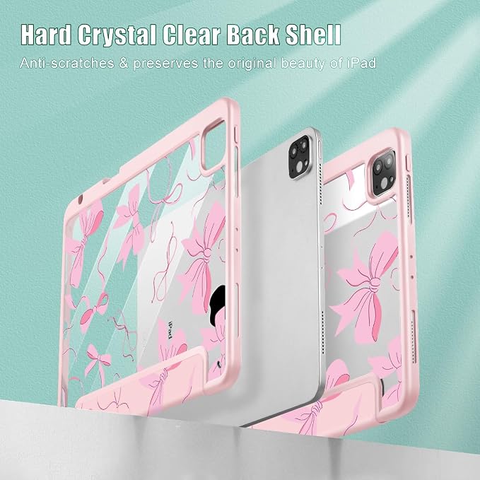 May Chen Case for iPad 12.9 Inch (6th/5th/4th/3rd Generation 2022/2021/2020/2018) Pencel Holder + Trifold Support Auto Sleep/Wake Transparent Shockproof Back Cover Blue Bows
