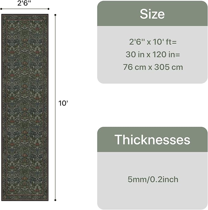 GENIMO Floral Washable Runner Rug 2’6”x10’, Non-Slip Long Hallway Carpet for Entryway, Kitchen, Indoor Floor Use, Vintage Boho Soft Thin Rug Décor, Dark Green