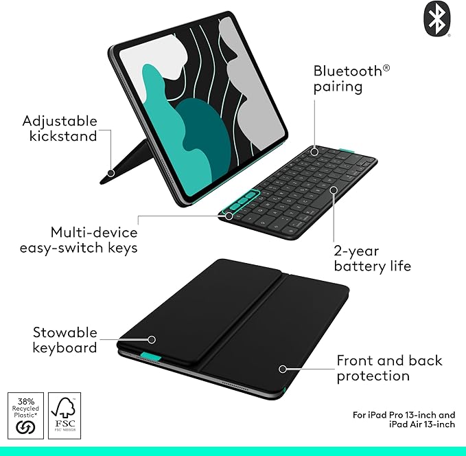 Logitech Flip Folio, Keyboard Case for iPad Pro 13-inch (M4 & M5) & iPad Air 13-inch (M2, M3 & M4) (2024, 2025 & 2026) - Protective & Stowable Bluetooth Keyboard Case, Multi-Device - Midnight Black