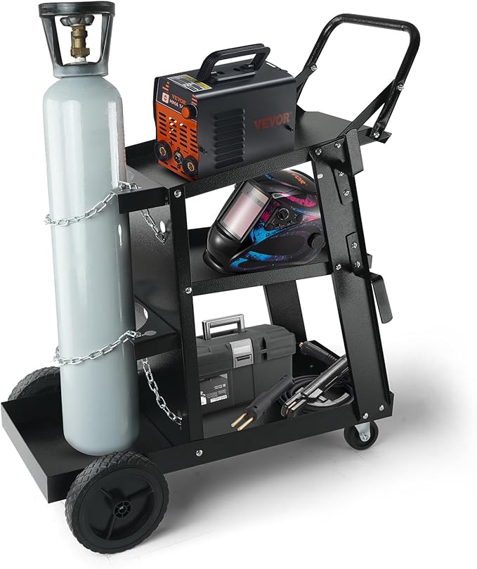 VEVOR Welding Cart, 3-Tier Welder Cart Heavy Duty with 400 Lbs Weight Capacity, 360° Swivel Wheels, Tank Storage Safety Chains, Rolling MIG Welder Cart for TIG, ARC, MMA, Plasma Cutter Welding Machine