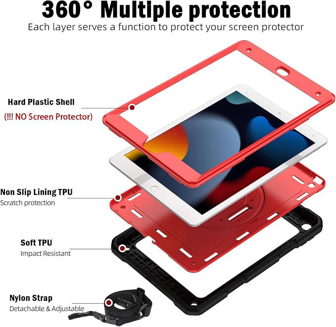 BMOUO for iPad 9th/8th/7th Generation Case 10.2 Black | Shockproof Rotating Stand Shoulder Hand Strap iPad 9th/8th/7th Generation Case with Pen Holder for iPad 10.2“ 2021/2020/2019