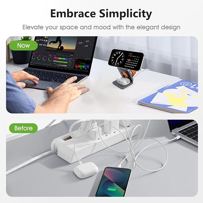 Fold 'N Style 3-in-1 Foldable Magnetic Wireless Charging Stand 15W Fast Charger Compatible with iPhone 15/14/13/12 Pro/Max/Plus Apple Watch AirPods Samsung Galaxy/Note Multi Modes