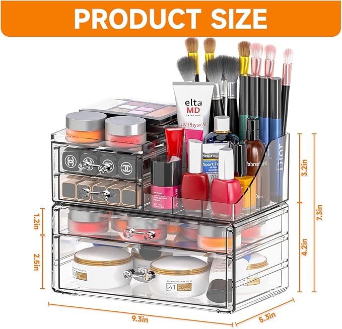 SUOXING Clear Acrylic Makeup Organizer for Vanity,Bathroom,Dresser,4 Drawer Make up Organizers for Counter,Plastic Countertop Makeup Storage for Beauty,Hair Accessory,Brush,Cosmetic,Skincare Organizer
