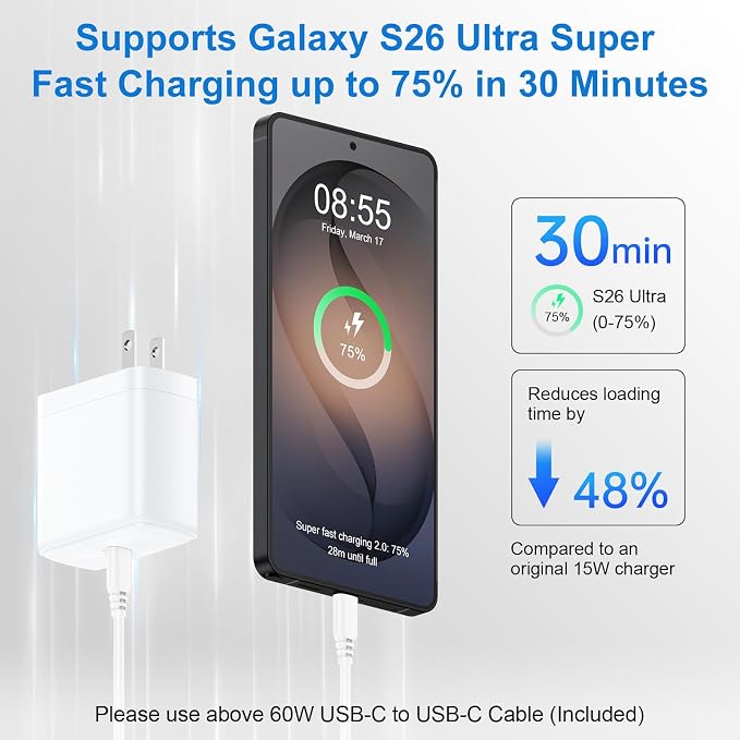 65W USB C Charger Fast Charging for Samsung Galaxy S26 Ultra S26+ S26 S25 Ultra S25 FE A37 A57 A17 A16 A36 S24 S23 A26 A56 Samsung Super Fast Charger 6FT USB C to C Cable Android Phone Charger Cord