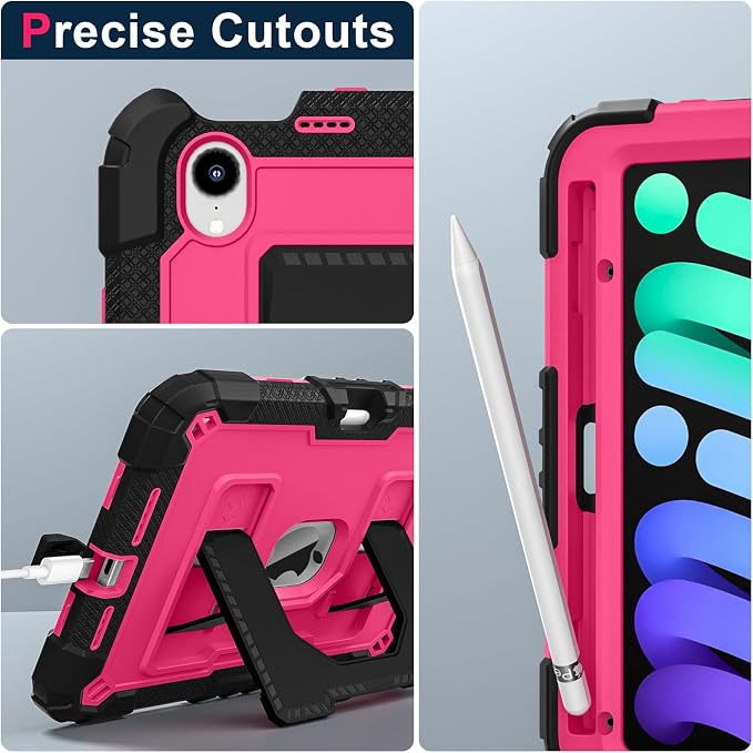 Kids Case Compatible with iPad mini 7 A17 pro 2024 Mini 6 8.3”Colorful Shockproof Case with Pencil Holder and Adjustable Big StandHandle Strap for iPad mini 6th 7th Gen