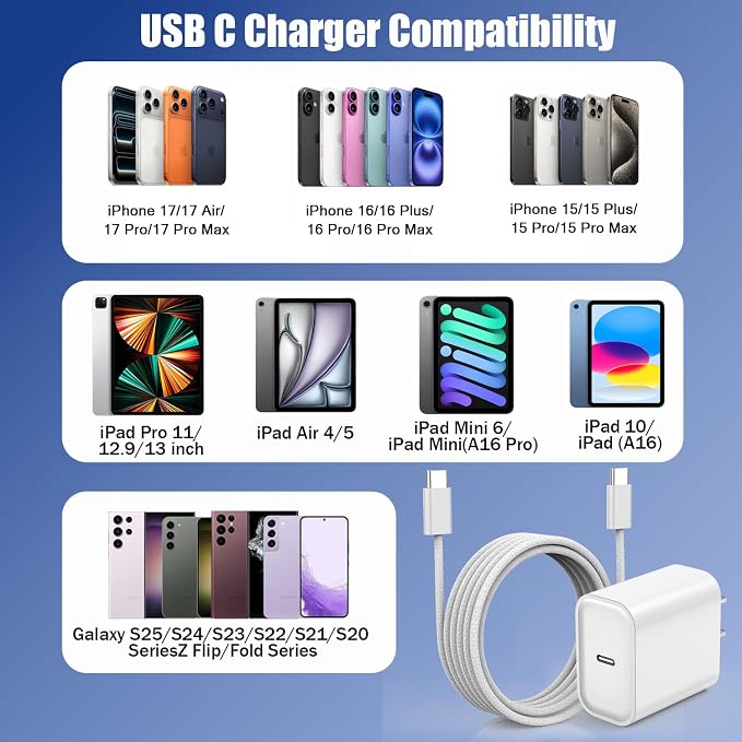Fast Charger for iPhone 17 16【Apple MFi Certified】 20W Type C Wall Charger | Block with 10Foot USB C to C Woven Braided Cable for iPhone 17/17 Air/17 Pro Max/17 Pro/16/16 Pro Max/16 Plus/15/iPad/Airp