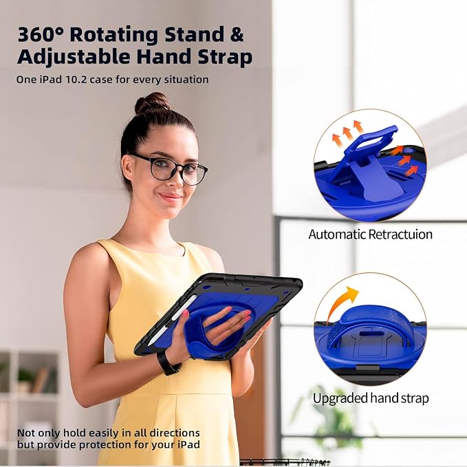 Case for iPad 9th/8th/7th Generation-Built-in Screen Protectorwith Pencil Holder&amp360°Rotating Hand StrapShoulder StrapCase for iPad 10.2 inch 2021-2019(Black)