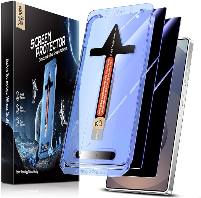 MAGIC JOHN 2 Pack for Samsung Galaxy S25 Ultra Privacy Tempered Glass Screen Protector Bubble Free Easy Installation Auto Dust-Elimination