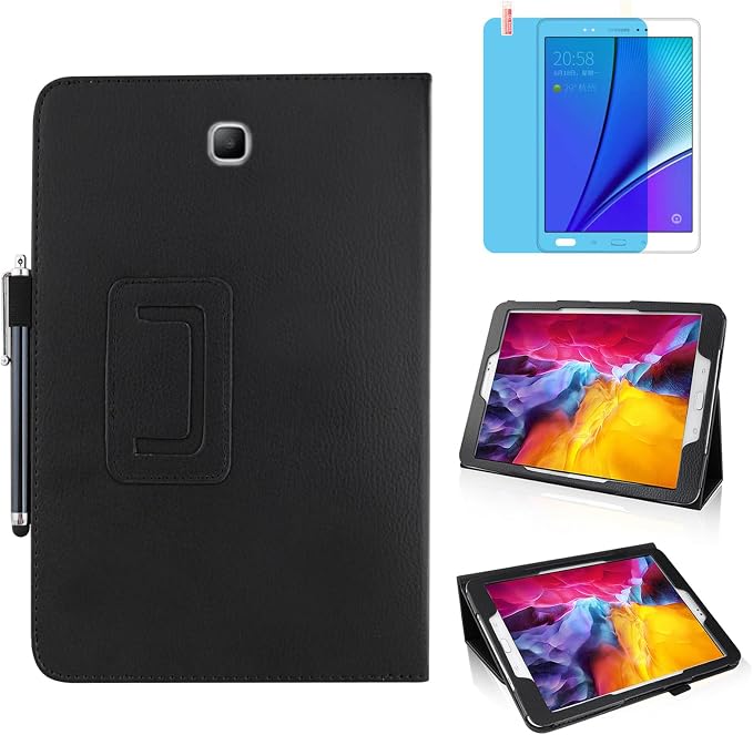 Slim Leather Case for Samsung Galaxy Tab A 8.0 inch 2015 (SM-T350 T357 T355 P350 P355) Multi-Angle Stand Full-Protective Tablet Cover Book Case with Stylus PenScreen Film (Black)