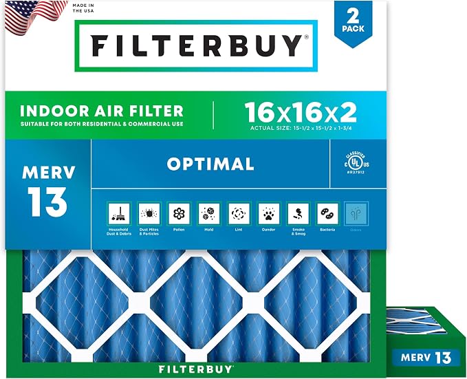 Filterbuy 16x16x2 Air Filter MERV 13 Optimal Smoke & Allergy Defense,
