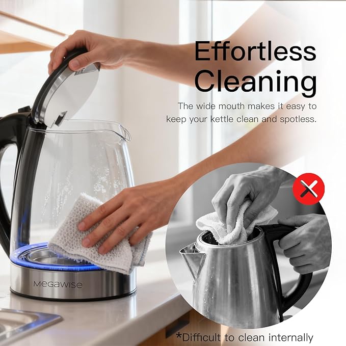 MEGAWISE 1.8L Glass Electric Kettle, Auto Shut-Off, Boil-Dry Protection