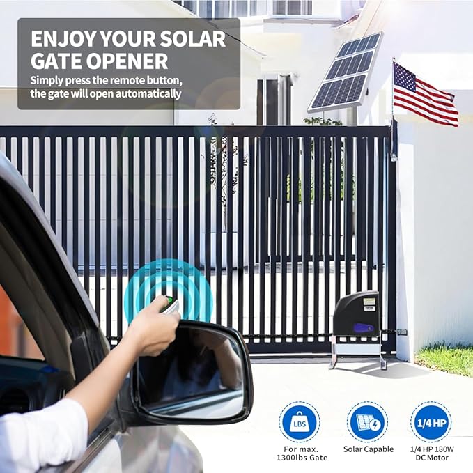 TOPENS DKC500S Solar Sliding Gate Opener Chain Drive Automatic Gate Motor for Heavy Driveway Slide Gates Up to 1300 Pounds, Electric Gate Operator Battery Powered with Solar Panel Remote Control Kit