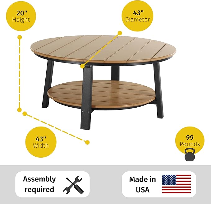 LuxCraft Deluxe Poly Round Outdoor Coffee Table, Two Tier Coffee Table, Round Conversation Tables for Outside Patio with Lower Shelf - Amish Made in USA (Weatherwood)
