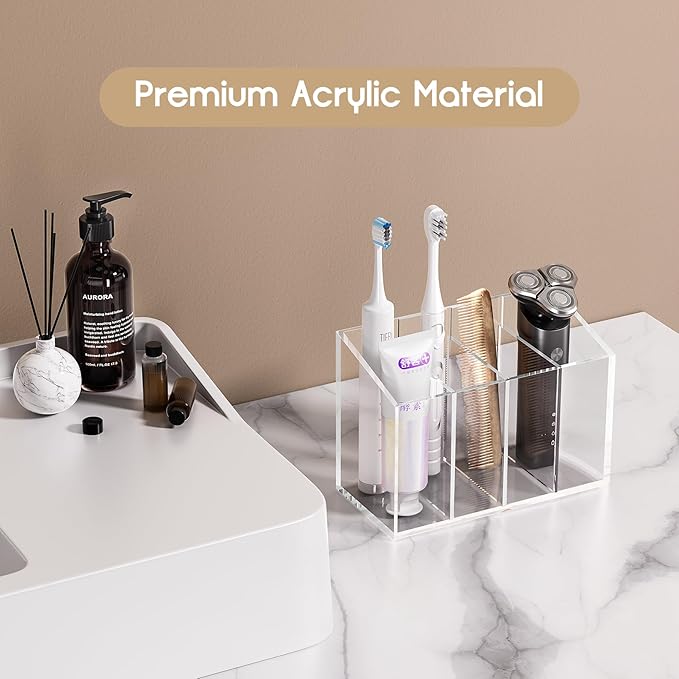 Acrylic 6-Compartment Makeup Organizer 2PCS, Transparent Plastic Makeup Brush Holder, Perfect Bathroom Vanity Storage Solution for Makeup Brushes, Eyebrow Pencils, and More