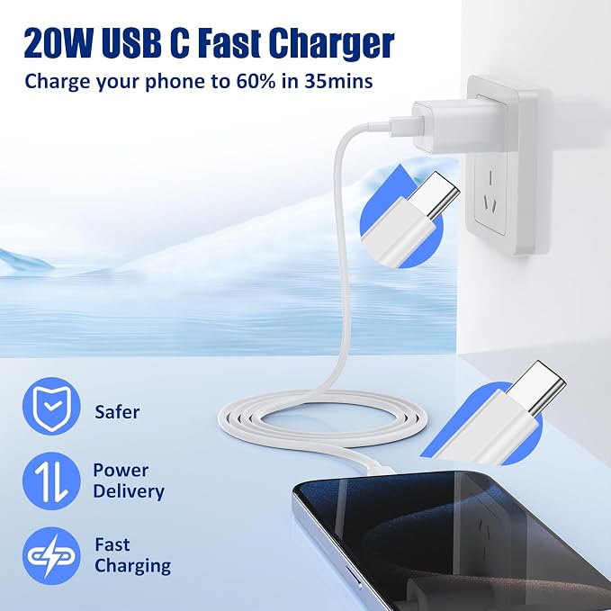 i Phone 17/16 Charger Fast Charging 3-Pack 20W Type C Charger[3+6+10FT] USB C Wall Charger Cables for iPhone 16/15/15 Plus/15 Pro Max iPad Pro/Air/AirPods/Samsung