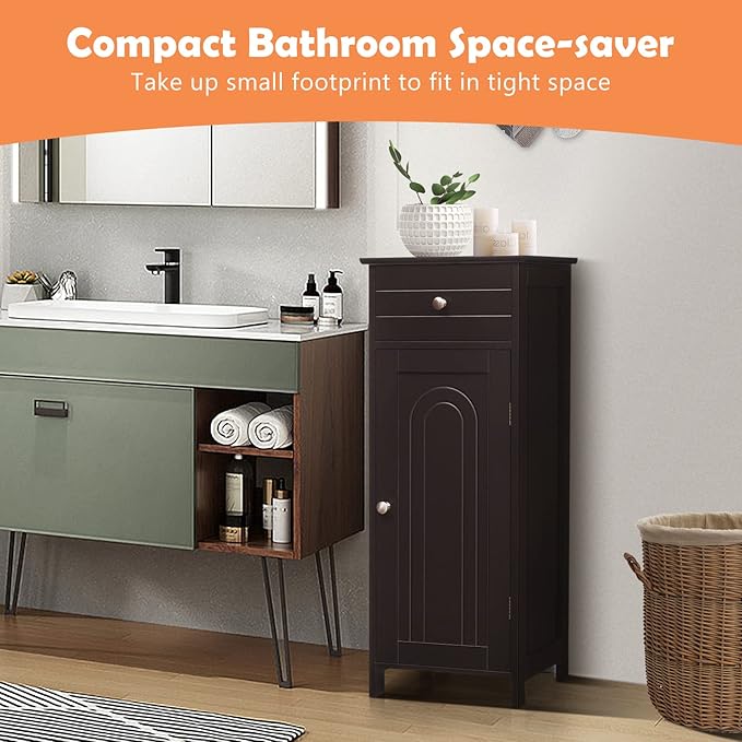 COSTWAY Bathroom Storage Cabinet, Single Door Floor Cabinet with Drawer and 3-Level Adjustable Shelves, Modern Side Storage Organizer with Anti-Tipping Device for Living Room, Bedroom (Brown)