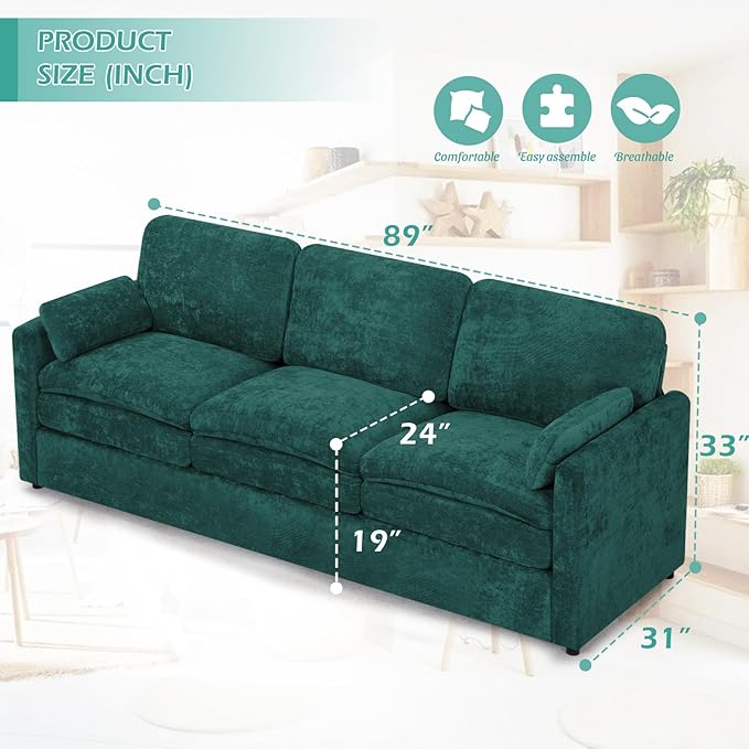 3 Pieces Chenille Sofa Set w/Arm Pillows, Upholstered Loveseat & 2 Pieces 3 Seater Sofa w/Comfortable Back Cushions, Modern 2-Seat & 3-Seat w/High-Density Foam for Living Room, Teal