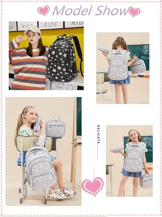 3Pcs Daisy Backpack for Girls with Lunch Box Kids School Bag with Lunch Bag Bookbag for Elementary School