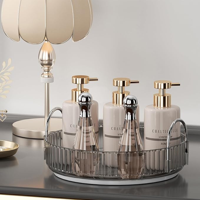 Rotating Makeup Organizer for Vanity, Spinning Cosmetics Storage for Bathroom Countertop, Skincare Holder Rack for Facial Cream, Perfume, Lotion, Lipstick (1 Tier, Smoky Grey)