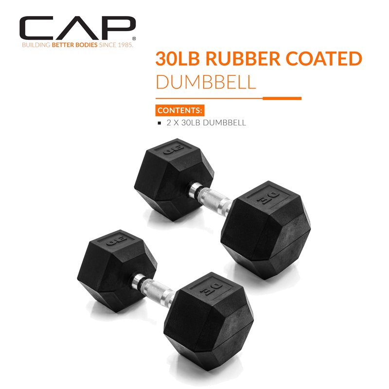 CAP 30 LB Rubber Coated Hex Dumbbell Weight, Rubber Free Weights for Home Gym Strength Training, Chrome Handle, Pair