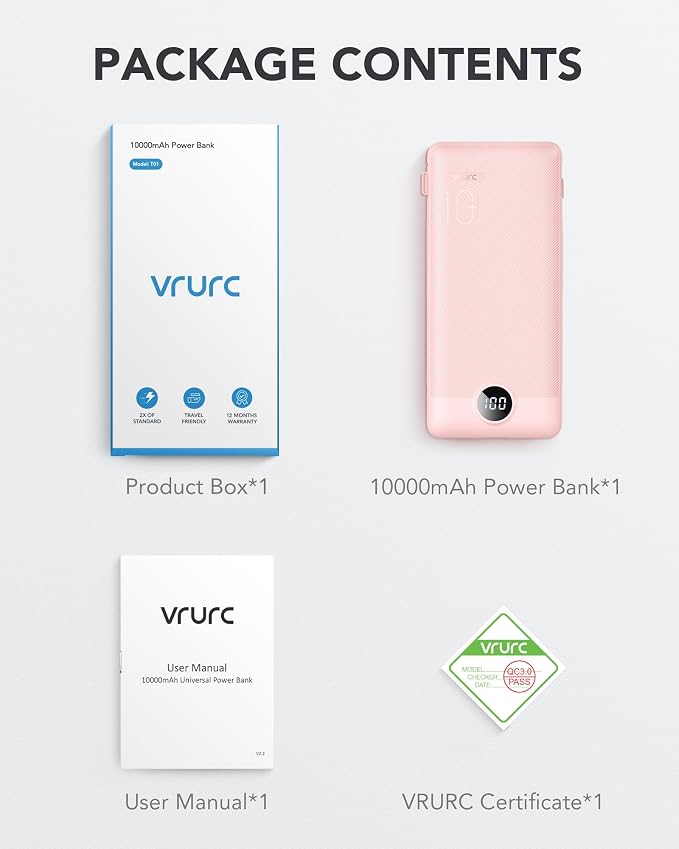 VRURC Portable Charger Power Bank Built-in Cables and AC Wall Plug | USB C Portable Bank 10000mAhTravel Essentials Phone Charger Compact External Battery Pack for Smart PhonesTablets-Black