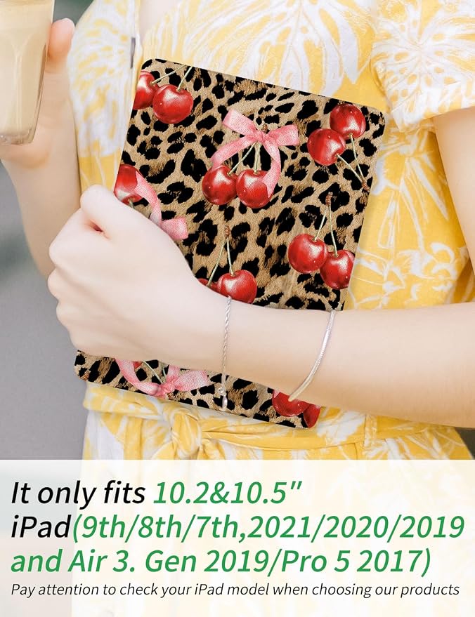 Case for iPad 9th/ 8th/ 7th Generation Case 10.2&amp10.5 Inch (2021/2020/2019 Release) Slim Lightweight Soft Trifold Back Cover with Pencil Holder &amp Auto Sleep/Wake Cover Cherries Cheetah Bows