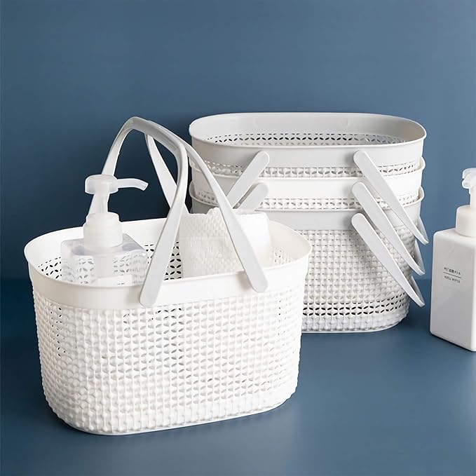 rejomiik Portable Shower Caddy Basket, Plastic Organizer Storage Tote with Handles for Bathroom, College Dorm, Kitchen, White