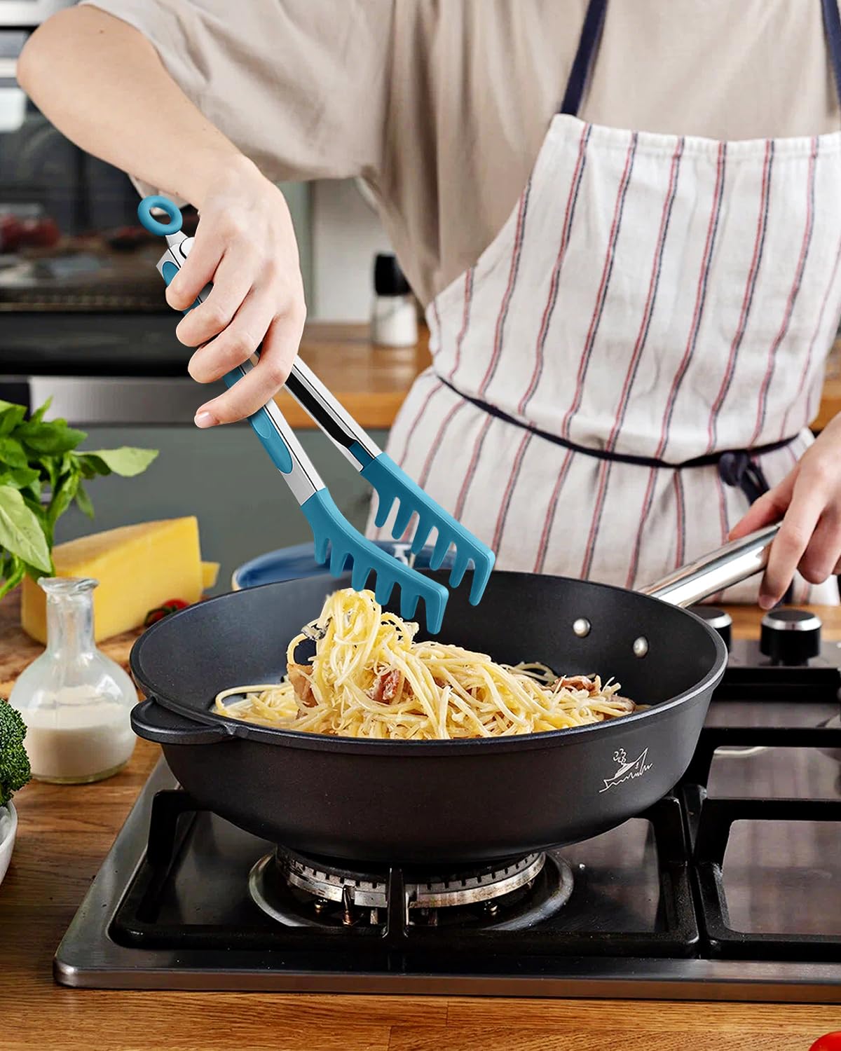 Silicone Spaghetti Spoon & Pasta Tong, Non-Stick Stainless Steel Handle Pasta Fork Set with Teeth, Food Clip for Easy Serving of Noodles (Khaki)