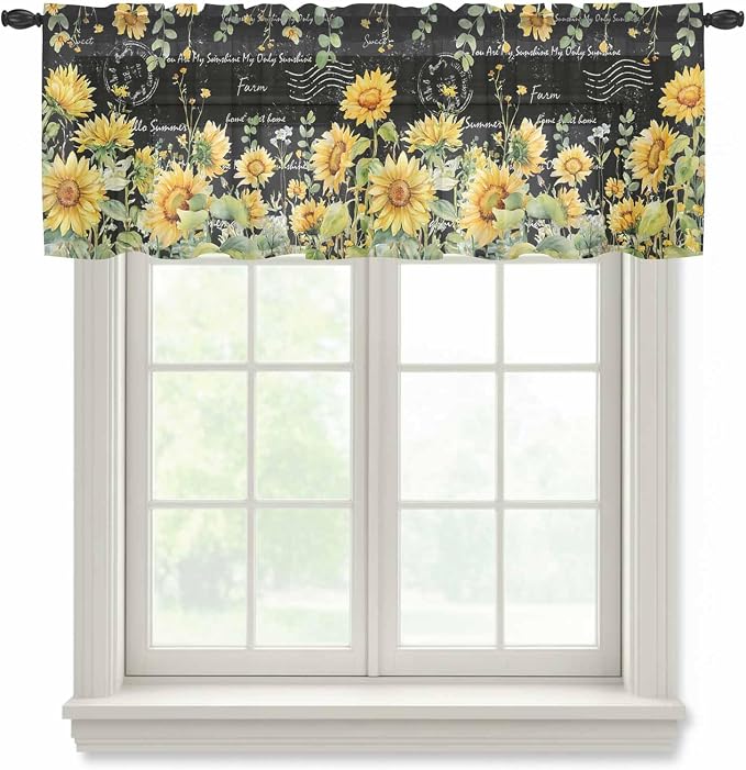 Summer Floral Sheer Valance Curtains, Watercolor Sunflower Eucalyptus Leaves