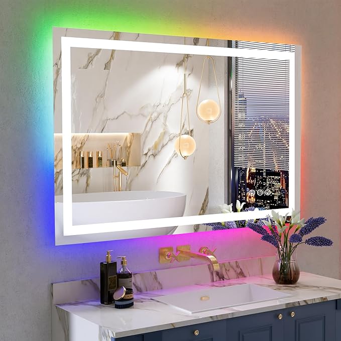 YEELAIT 48x36 Inch RGB LED Bathroom Mirror Front Light and RGB Backlit Lighted Vanity Mirror for Bathroom Wall Mounted Dimmable Anti Fog Memory Shatter-Proof IP54 Waterproof Horizontal/Vertical