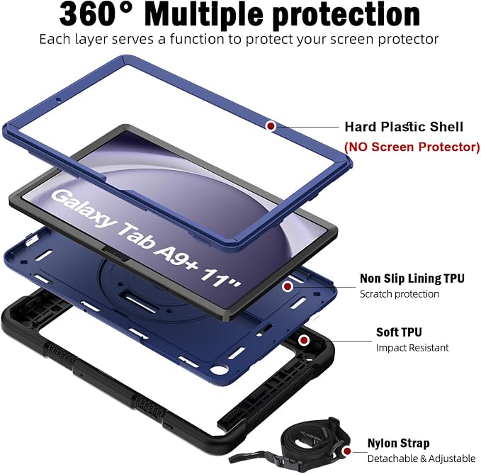 BMOUO for Samsung Galaxy Tab A9+ Plus Case 11 2023 (SM-X210/X216/X218) Shockproof Galaxy Tab A9 Plus Case with Rotating Stand and Hand/Shoulder Strap Black
