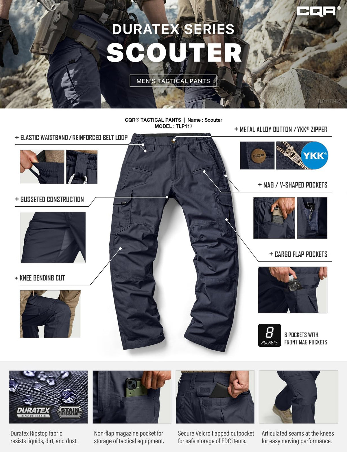 CQR Men's Tactical Pants, Water Resistant Ripstop Cargo Pants, Lightweight EDC Work Hiking Pants, Outdoor Apparel, Raider Police Navy, 36W x 30L