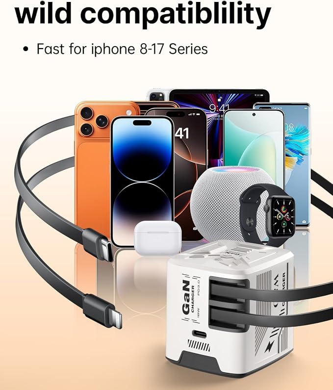 W &amp O 60W GaN Fast Charger Wall Plug Built-in Retractable USB-C &amp L Cables | Retractable Wall Charger with 47.2 Cables One Pull Charging No Cable Mess Solution for iPhone 17/16/15 Galaxy