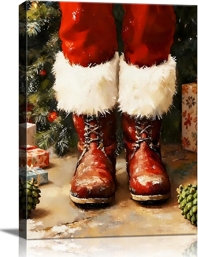 Vintage Christmas Boots Canvas Wall Art - Rustic Winter Wall Art Framed Print for Farmhouse Living Room, Cozy Christmas Wall Decor with Red Accents, Ideal Christmas Gifts & Festive